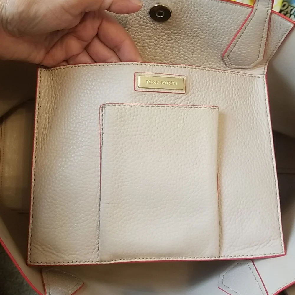 Tory Burch Two-Tone Cream and Coral Leather Tote with Tassel
